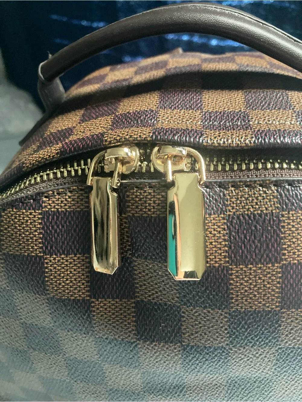 Women's Brown Checkered Backpack with Gold Hardware